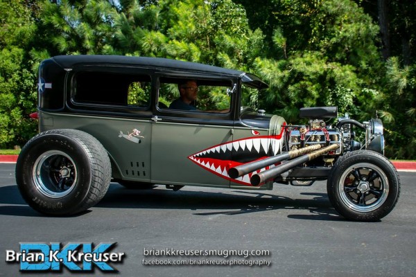 vintage ford hot rod with flying tigers paint motif