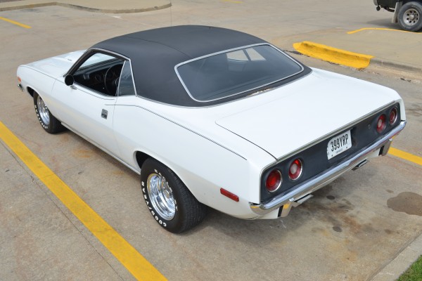 rear view of a white 1973 plymouth cuda