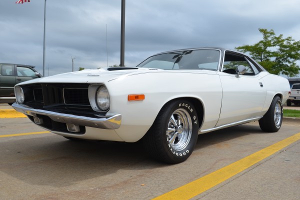 white 1973 plymouth cuda 340, front quarter shot