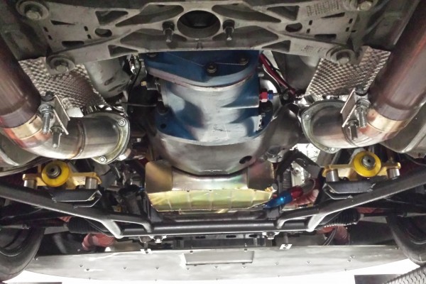 3 inch dual exhaust system with Borla XR-1 mufflers on a 2008 mustang race car