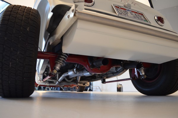 chassis view underneath an old ford hotrod