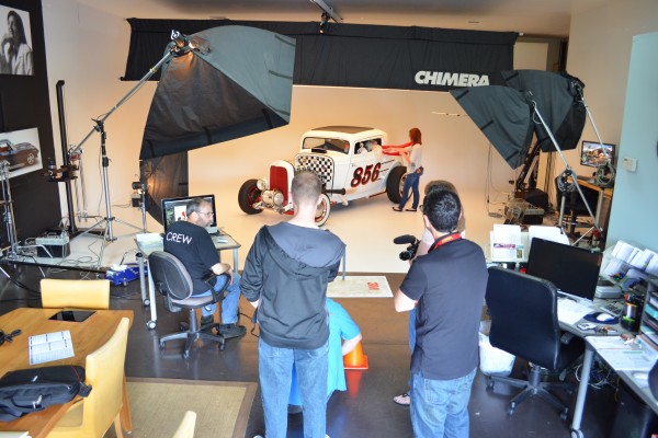 ford hot rod in a photo studio