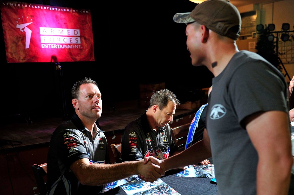 nhra drag race drivers greeting military troops