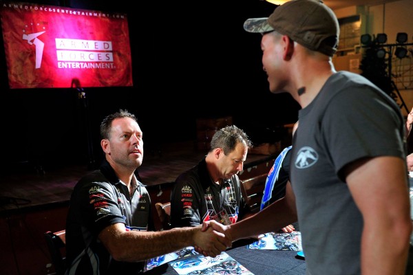 nhra drag race drivers greeting military troops