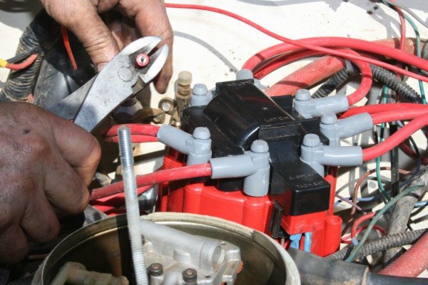 installing spark plug wires onto a distributor