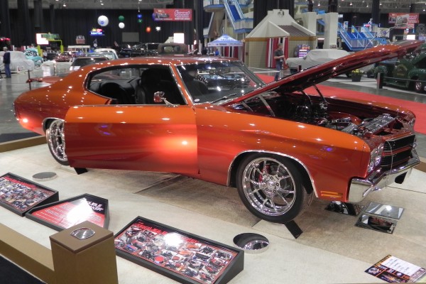 chevy chevelle custom muscle car on display at indoor car show
