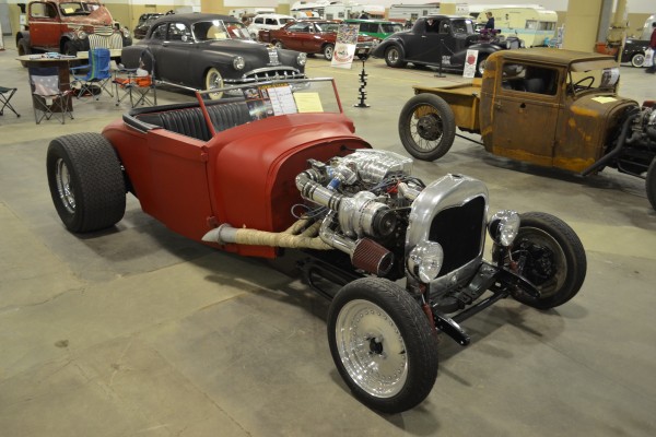 vintage t bucket roadster with turbocharged v8 engine
