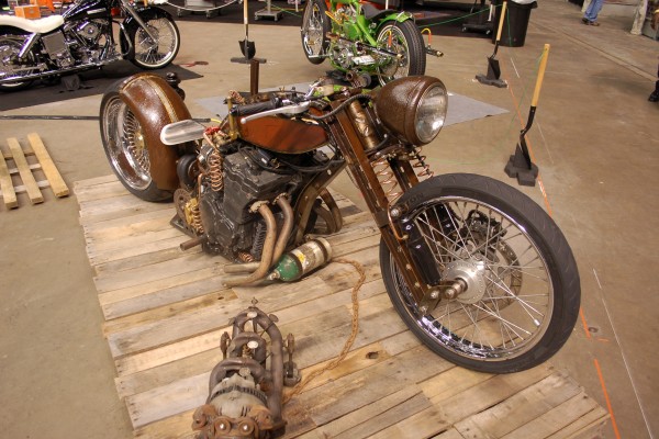 customized lowrider ratbike with inline 4 engine