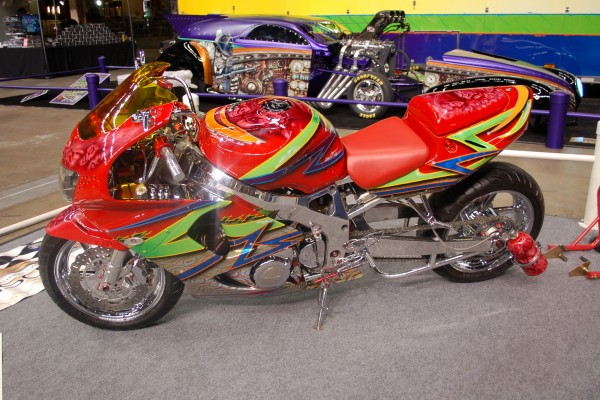 Customized sportbike at a car show
