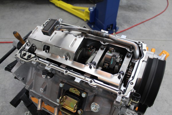 underside of a gm ls engine with oil pain removed