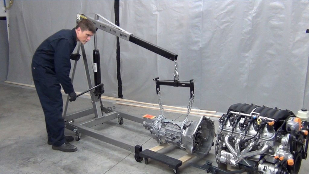 installing a t56 transmission onto an ls engine with a chain hoist