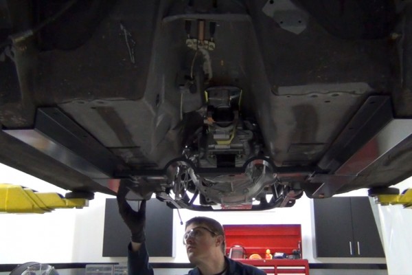 undercarriage of mazda miata with driveline remove d