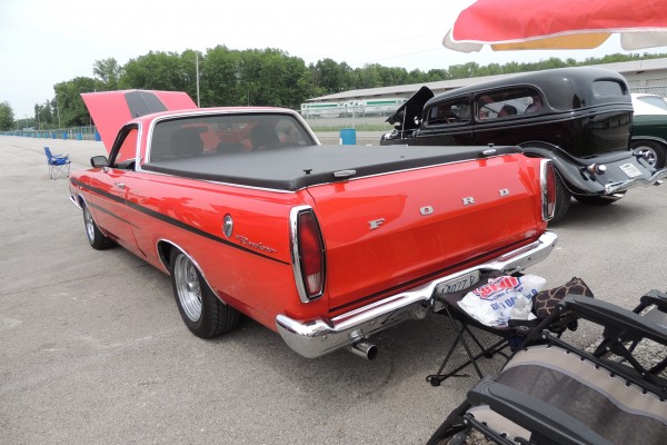 rear tailgate view of an orange 1969 ford ranchero