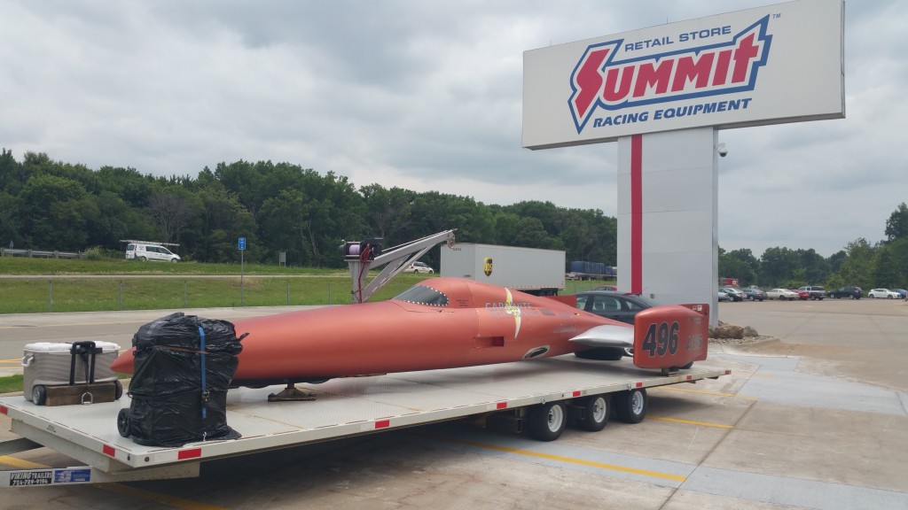 land speed record salt flats streamliner on trailer at summit racing