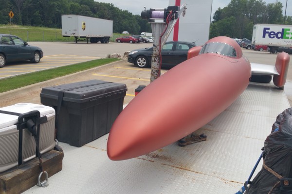 land speed record salt flats streamliner on trailer at summit racing