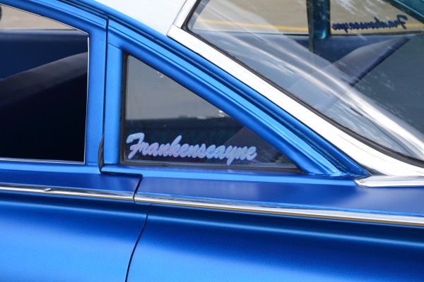 widow sticker on a vintage hot rod Biscayne coupe, frankenscayne