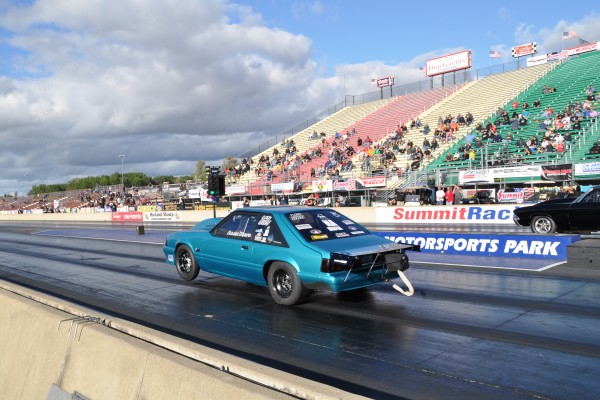 ford fox body mustang drag car launching at drag strip