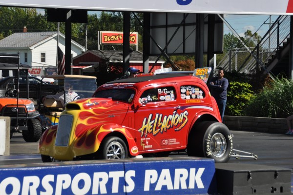 a ford anglia drag car staging at dragstrip