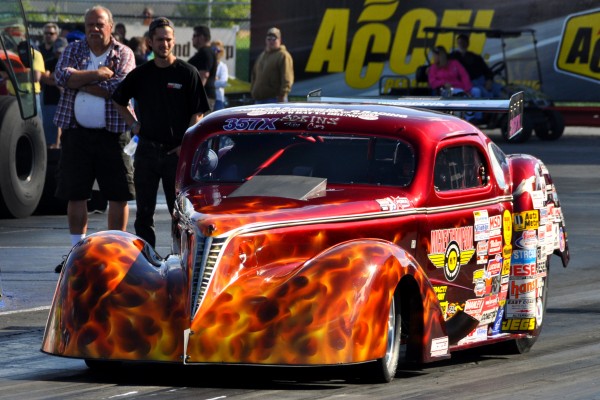 a modified vintage style dragster at dragstrip