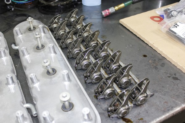 ls rocker arms on a workbench