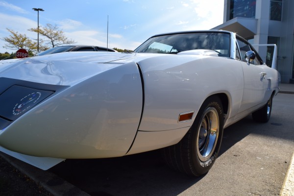 white 1970 Plymouth Superbird, front driver side quarter shot