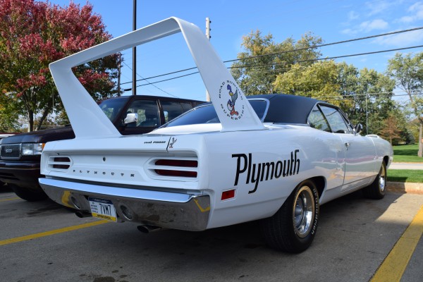 white 1970 Plymouth Superbird, rear quarter view