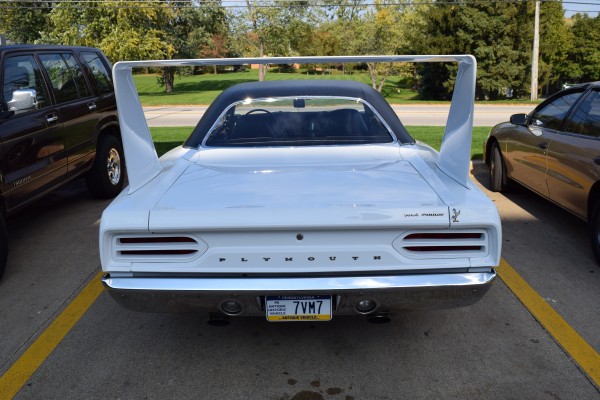 white 1970 Plymouth Superbird, rear spoiler trunk view