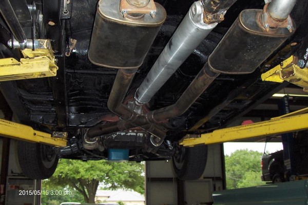 black 1968 dodge charger restomod, underside view from lift