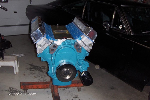 black 1968 dodge charger restomod engine on stand