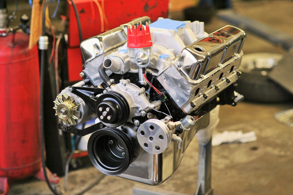 For the last touch, we bolted on the freshly blasted and painted crank and water pump pulleys from the 289. At this point we’re pretty much ready to prep the engine bay and drop our 408 into the Mustang and finish bolting on the last bits. We’ll save that for next update!