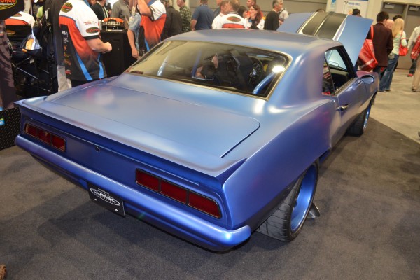 customized blue chevy camaro at sema 2015, rear