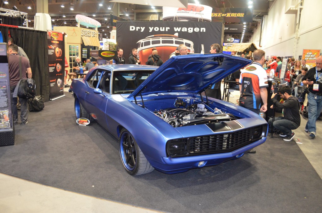 customized blue chevy camaro at sema 2015, front