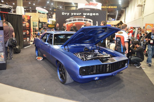 customized blue chevy camaro at sema 2015, front