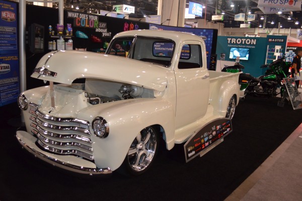 white chevy 3100 truck on display at SEMA 2015, front