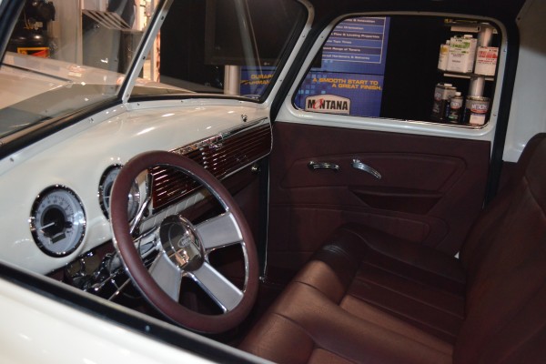 white chevy 3100 truck on display at SEMA 2015, interior