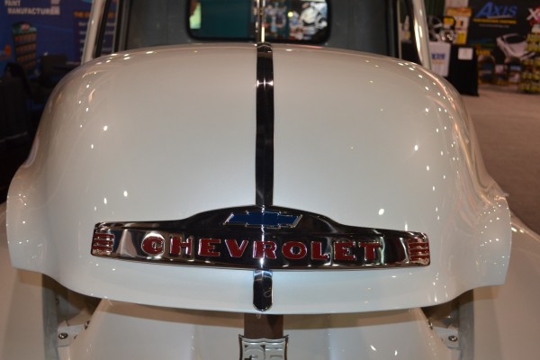 white chevy 3100 truck on display at SEMA 2015, bowtie emblem