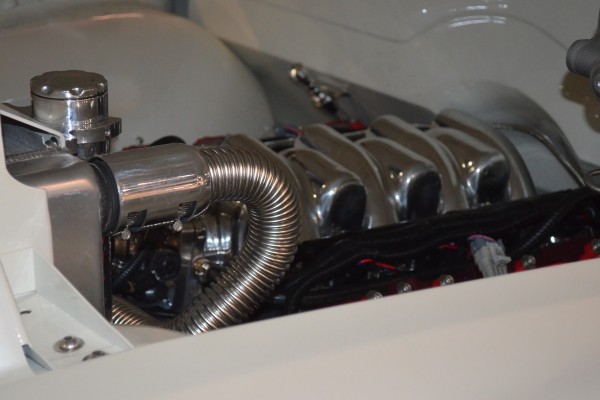 white chevy 3100 truck on display at SEMA 2015, engine