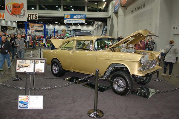 1955 chevy gasser coupe at indoor car show