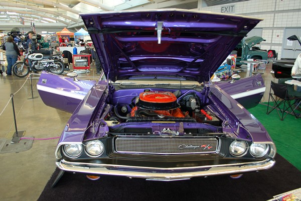 dodge challenger e-body r/t muscle car with hood up