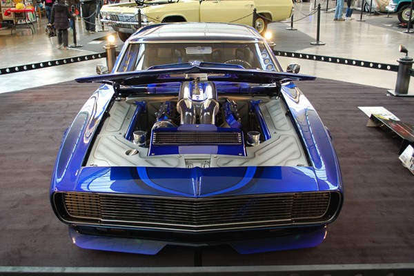 engine in a chevy camaro customized show car