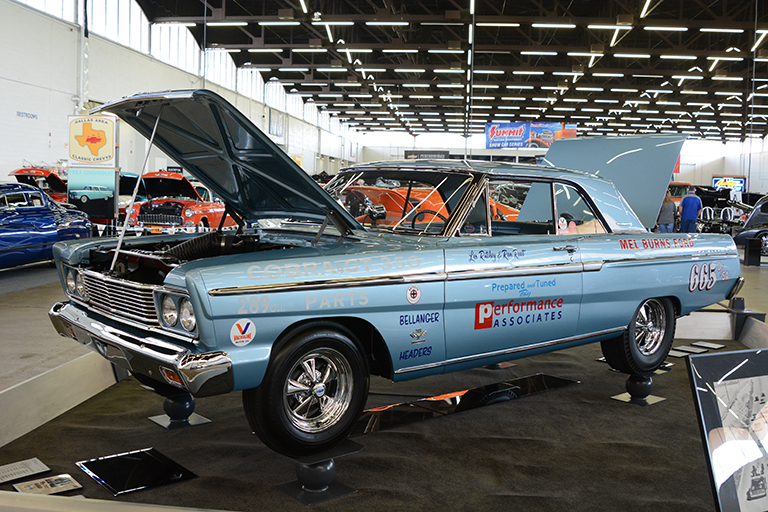 vintage ford fairlane nostalgia drag racecar at indoor car show