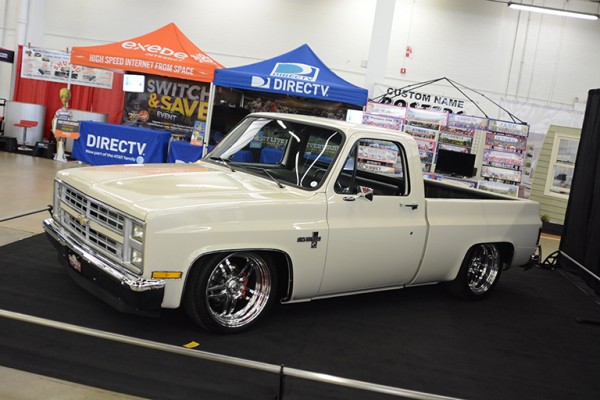 lowered white chevy c10 custom pickup truck