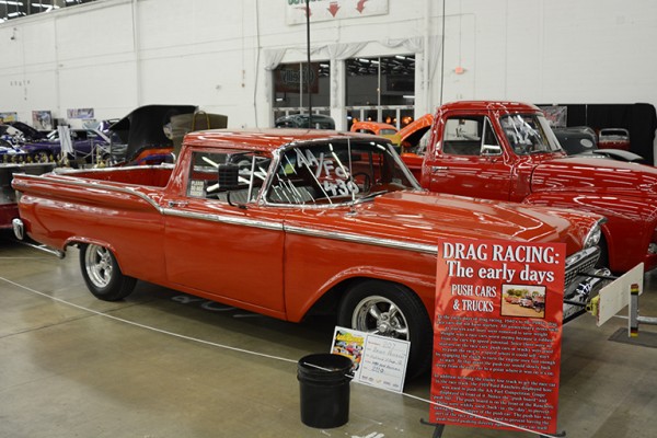 vintage ford ranchero dragster push ca at indoor car show