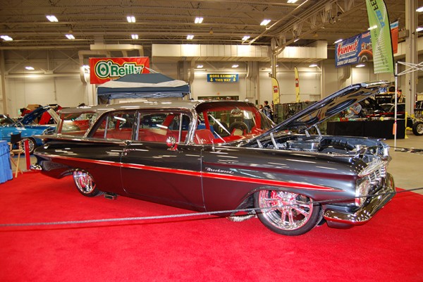 lowered chevy parkwood wagon custom at indoor car show