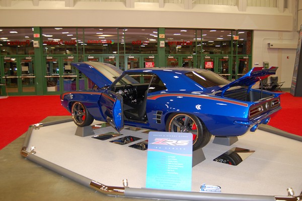 customized 1969 chevy camaro at indoor car show