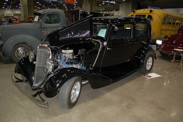 vintage ford tudor coupe at indoor car show