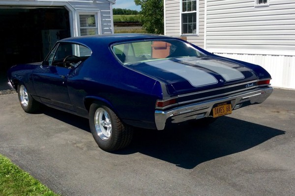 blue 1968 chevelle rear driver side quarter view