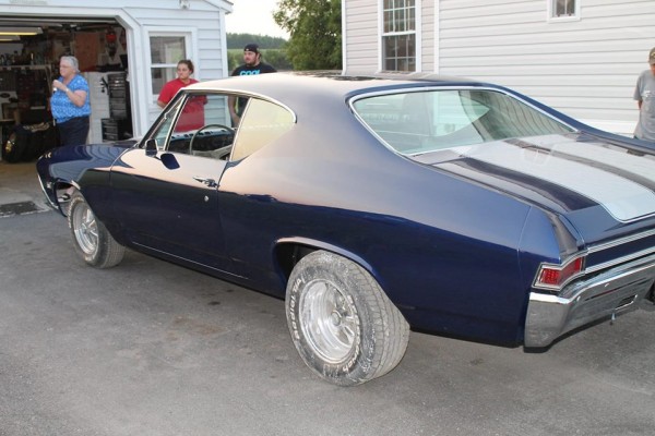 blue 1968 chevelle near garage