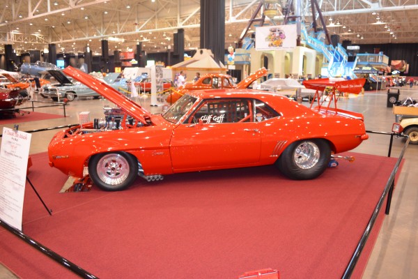 Red Supercharged 1969 chevy camaro race car