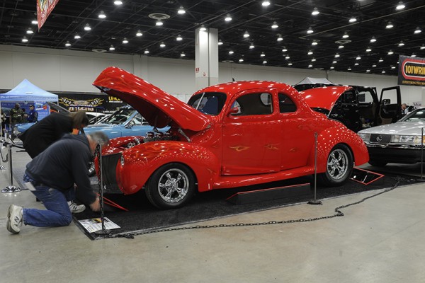 red custom five window ford coupe